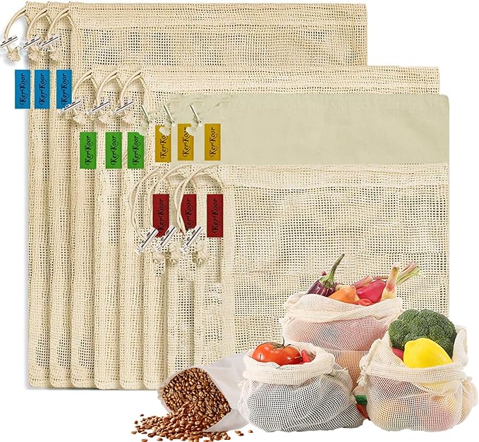 Reusable Produce Bags - Organic Cotton Mesh Bags with Drawstring for Onions, Vegetables & Fruit (12 Pack)