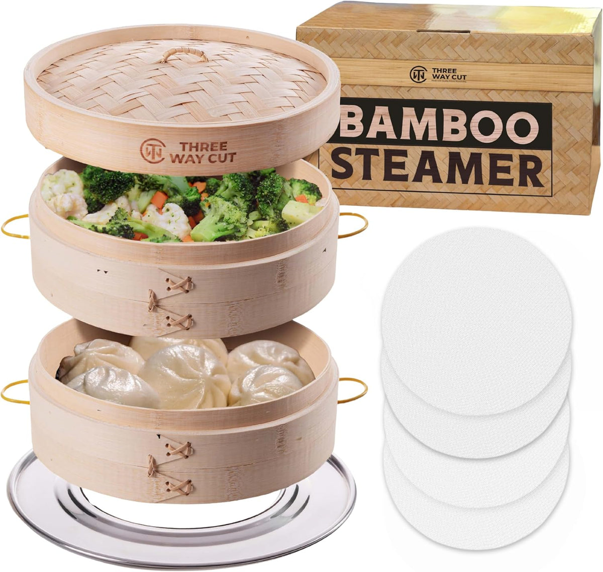 Bamboo Steamer 10 Inch 2 Tier Wooden Basket With Handle, Ring Adapter, Reusable Silicone Liner, Kit For Cooking Dumpling Baby Bao Bun, Dim Sum, Rice Potsticker Steaming Chinese Asian Food & Vegetables