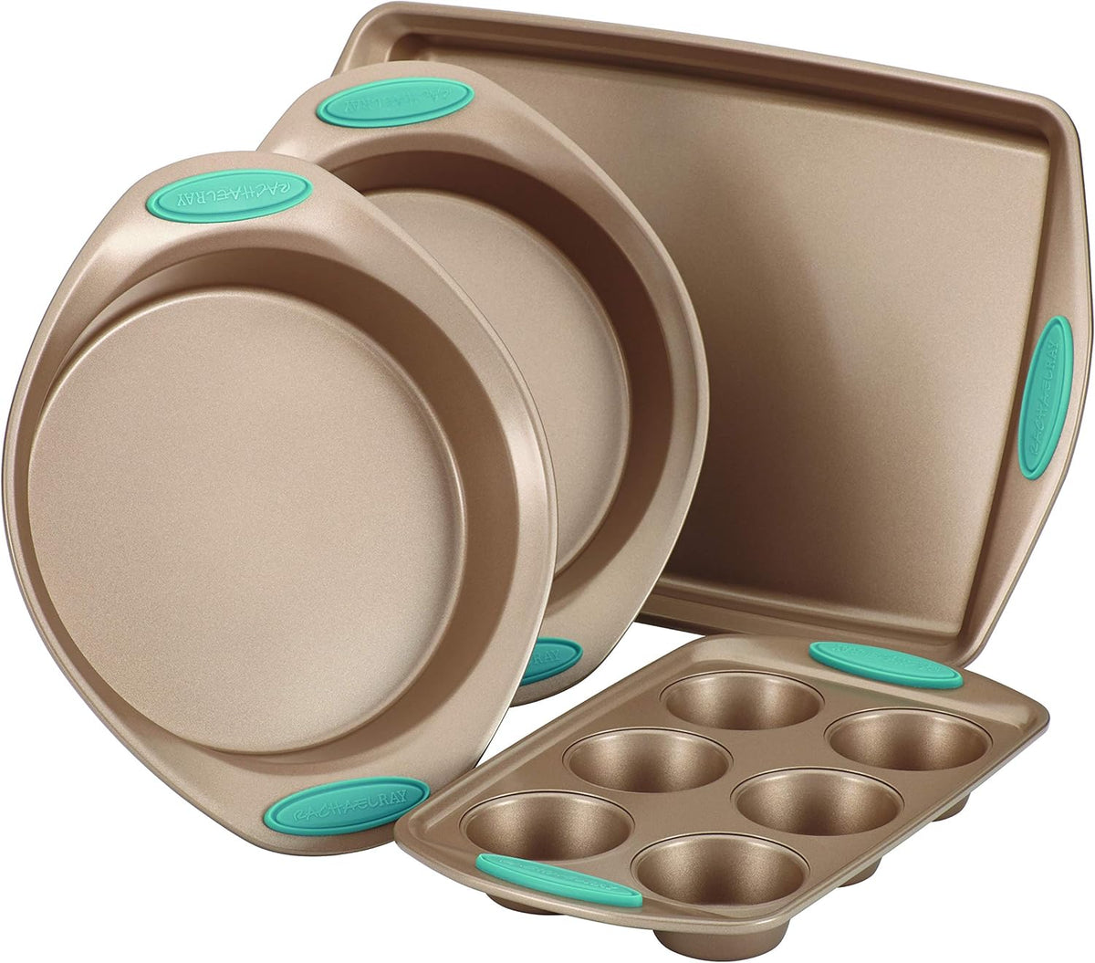 Rachael Ray Cucina Bakeware Set Includes Nonstick Cake Cookie Baking Sheet and Muffin Cupcake Pan, 4 Piece, Latte Brown with Agave Blue Grips