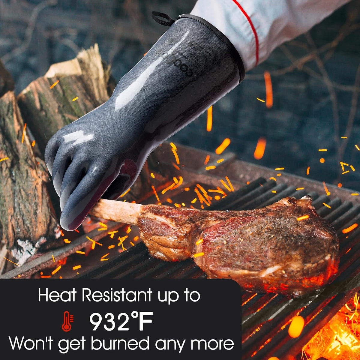 COOLJOB Heat Resistant Oven Gloves, Waterproof Liquid Silicone BBQ Grilling Gloves for Barbecue, Kitchen Cleaning, Baking, Food Contact, Black, Large