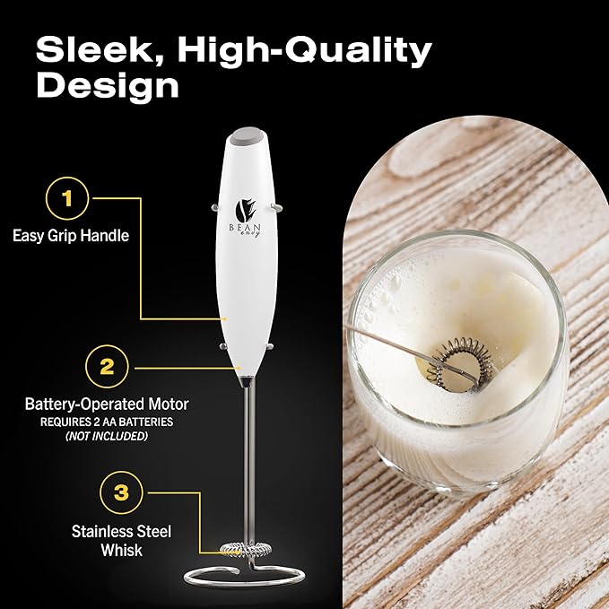 Bean Envy Milk Frother, Coffee Stirrers, Frother Wand, Milk Frother Handheld, Frother with stand, Hand Blender for Coffee, Lattes, Cappuccino, Matcha and Hot Chocolate – Kitchen Gifts - White