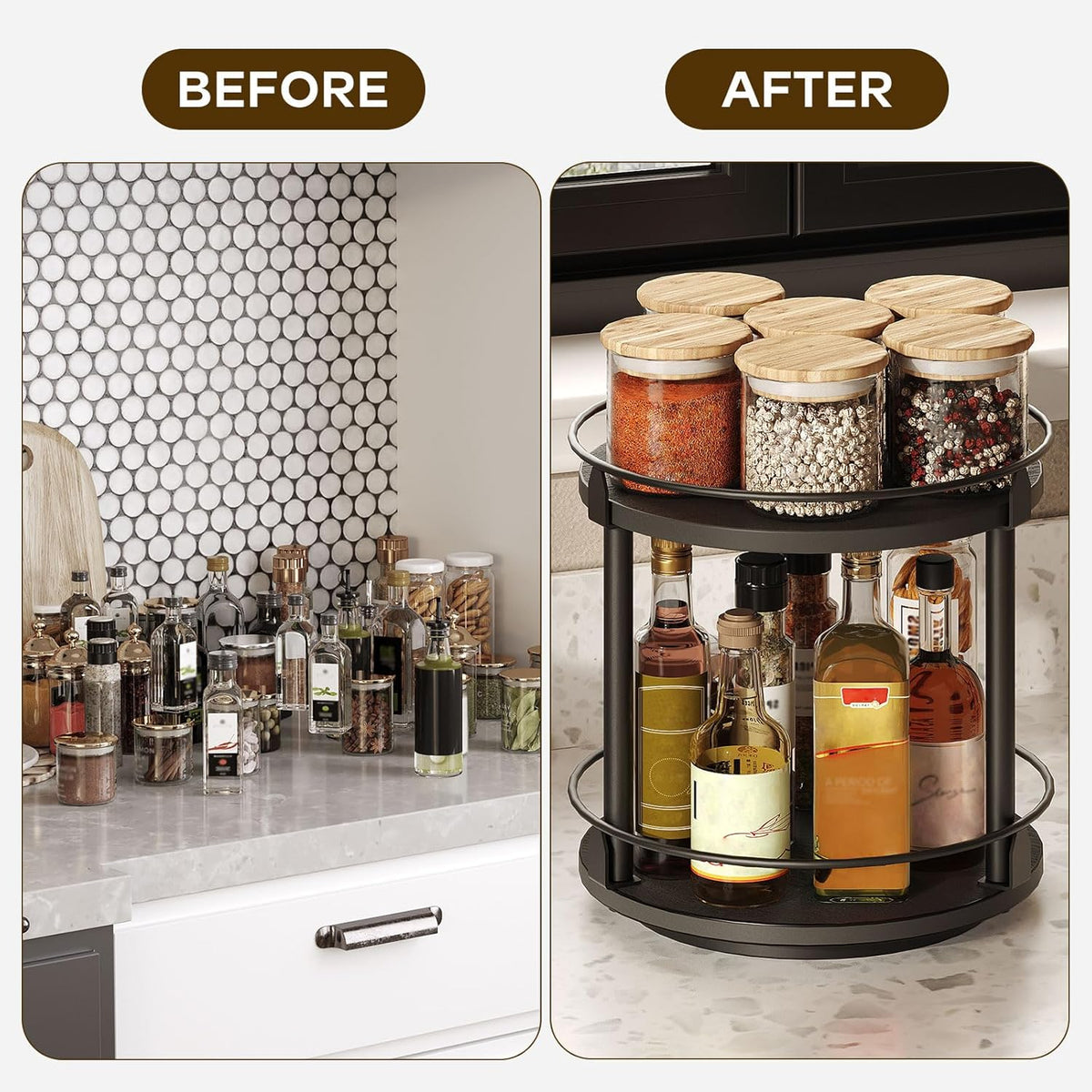 Lazy Susan Organizer, Rotating Spice Rack, 2 Tier Spice Turntable Organizer, Industrial Turntable Spice Holder, for Kitchen Countertop and Cabinet, Compact and Versatile, Black SR22BK
