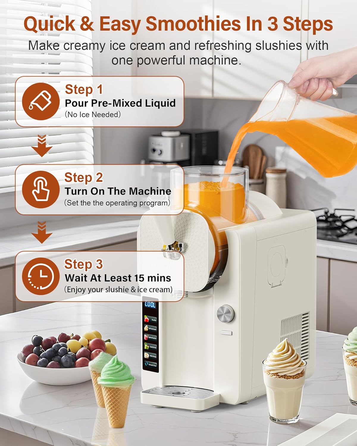 Slush Machine & Ice Cream Maker Machine 2-IN-1, 6 Modes for Smoothies, Milkshakes, Cocktails, Margarita, and Ice Cream, Double-Layer Tank, With Ice Cream Cone Holder, Self-Cleaning, For Home Use