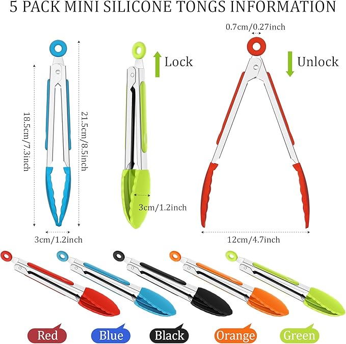 Mudder 5 Pcs Mini Silicone Kitchen Tongs 7 Inch Small Serving Food Tongs with Silicone Tips Christmas Party Supplies for Cooking, BBQ, Salad, Grilling and Frying(Multi)