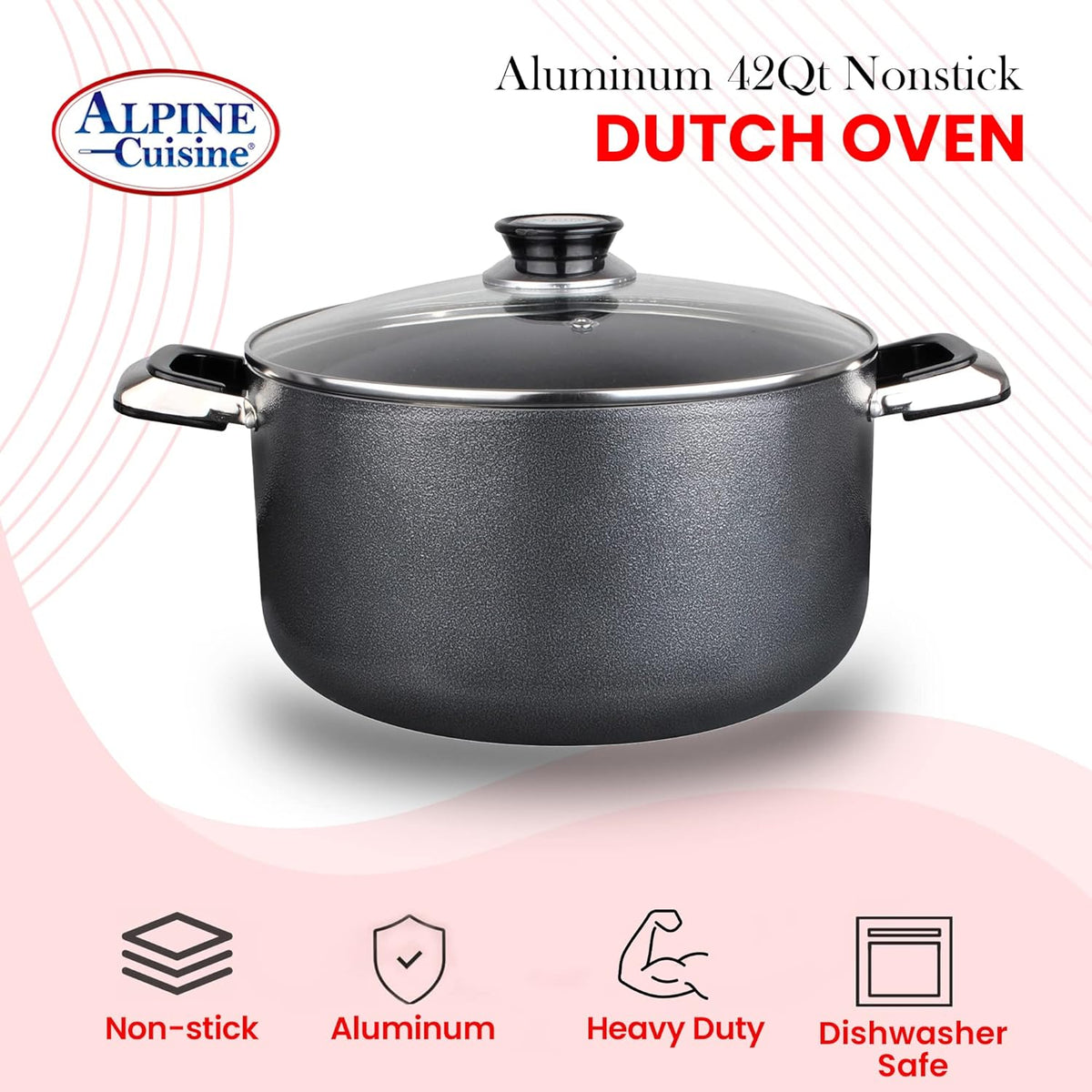 Alpine Cuisine 42 Quart Non-stick Stock Pot with Tempered Glass Lid and Carrying Handles, Multi-Purpose Cookware Aluminum Dutch Oven for Braising, Boiling, Stewing