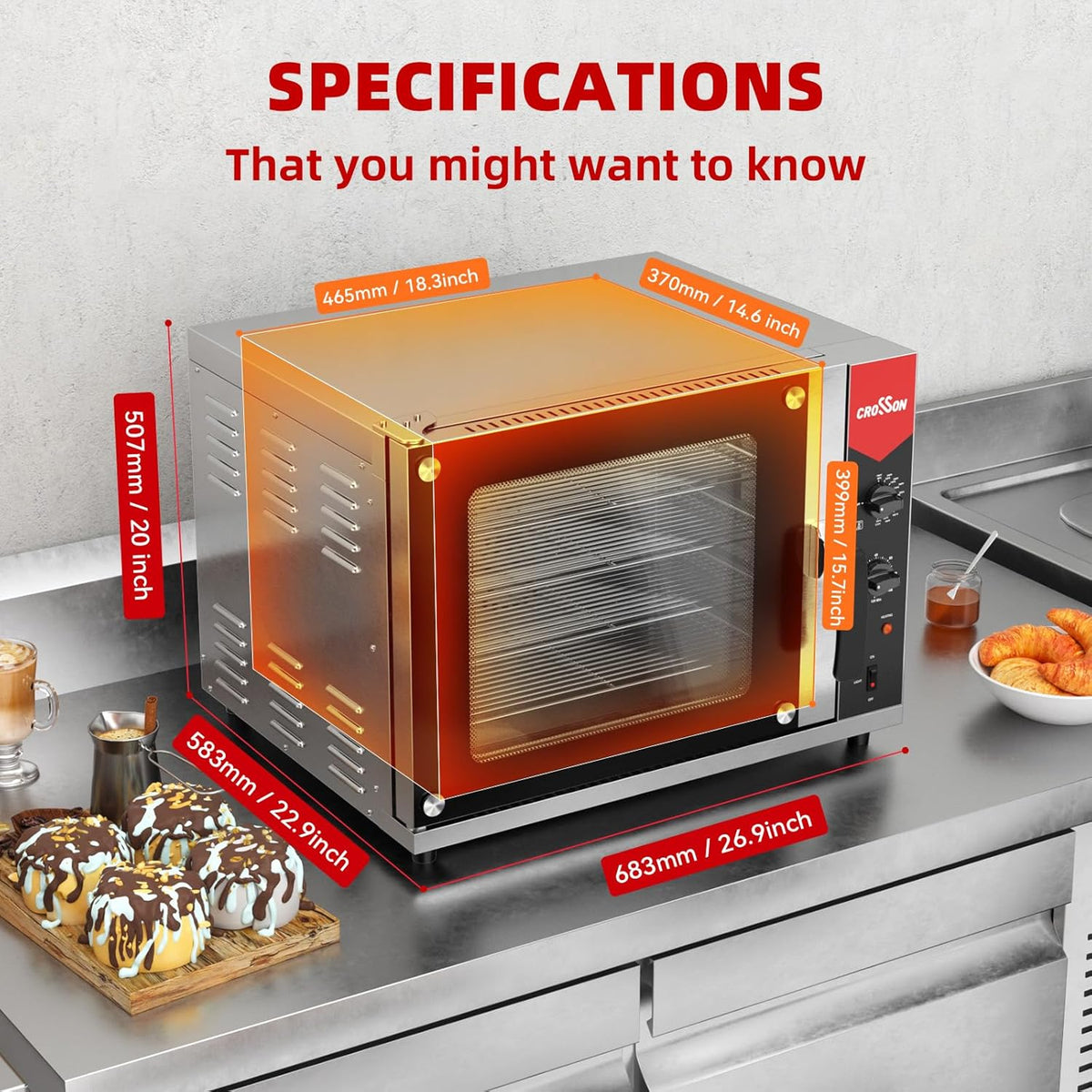 CROSSON 68L Half-Size Convection Oven,4-Tier Commercial Toaster oven w/Front Glass Door,4 set of Trays&Wire Racks,60 Minutes Timer and Interior Light, 120V/1800W Countertop Conventional Oven