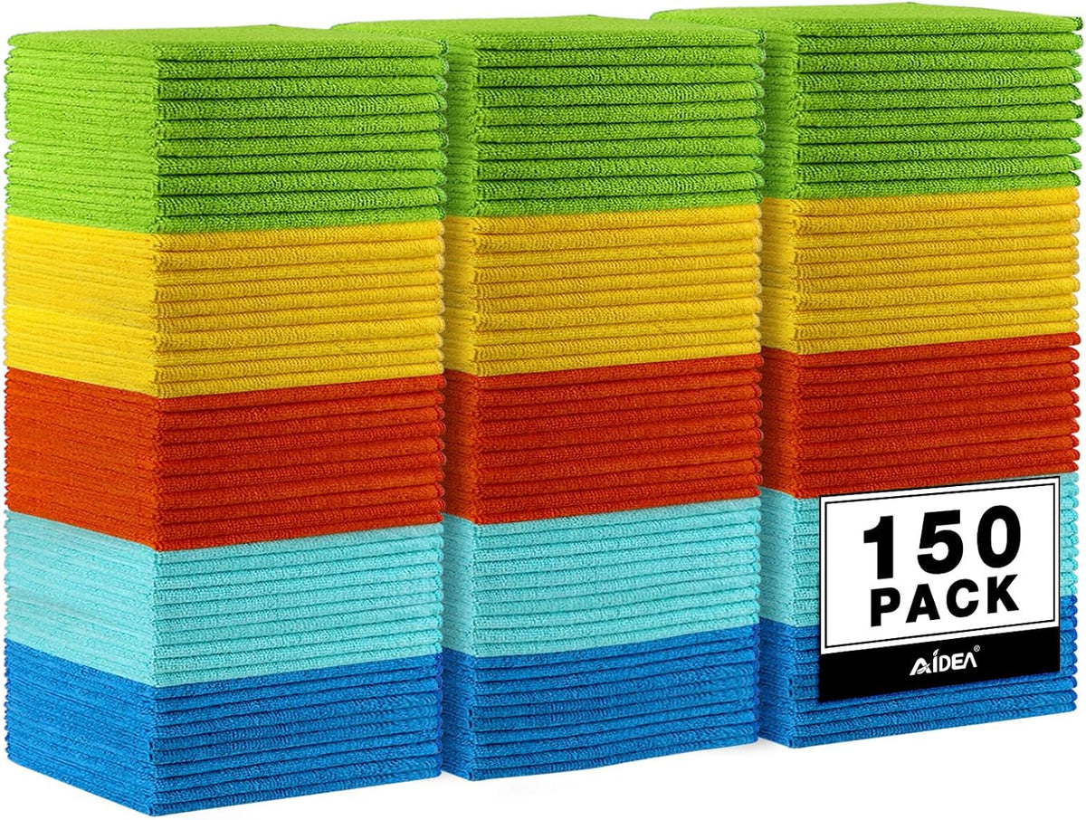 AIDEA Microfiber Cleaning Cloth, 150PK, Microfiber Towels for Cars, Premium All Purpose Car Cloth, Lint Free Rags, Absorbent Towels for SUVs, House, Kitchen, Window, 12"×12"