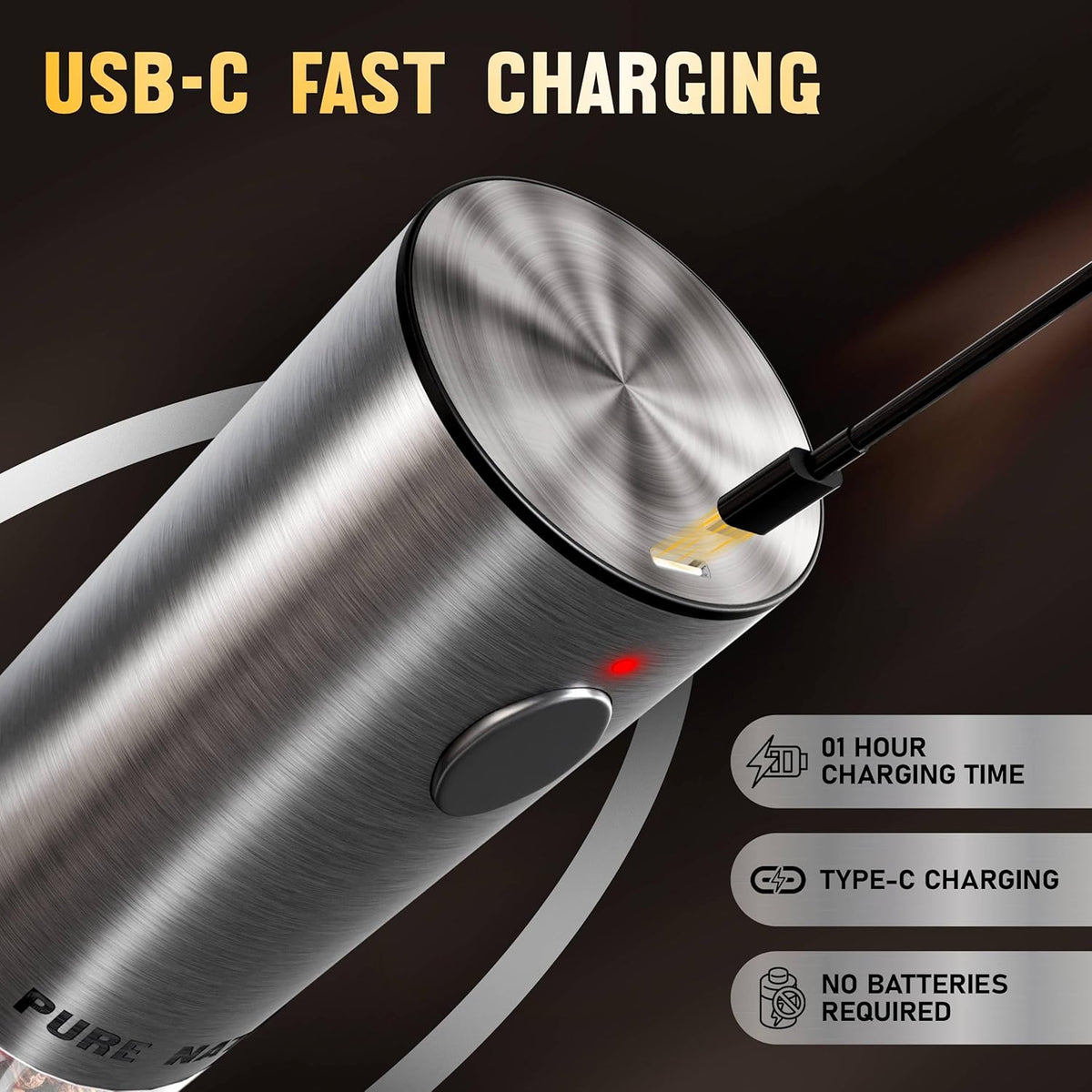 Pure Nature Electric Rechargeable Salt and Pepper Grinder Set with tray: Premium quality with upgraded larger capacity and LED Lights, 5 Adjustable Coarseness, Refillable, Type-C Fast Charging.