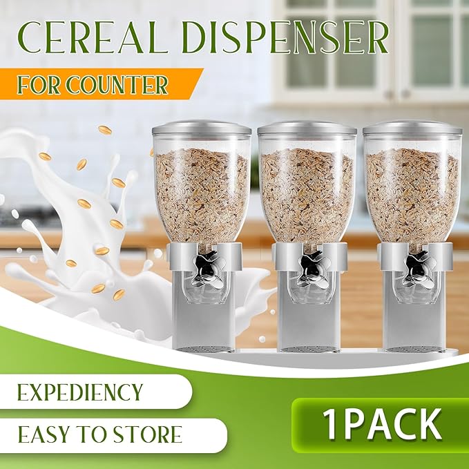 Umigy 1 Pack Triple Indispensable Dry Food Dispenser 67oz Each Capacity Cereal Container for Storage Preserving Dispensing Kitchen Rice Candy Nuts Dog Food Granola Snack Gumball Countertop (Silver)