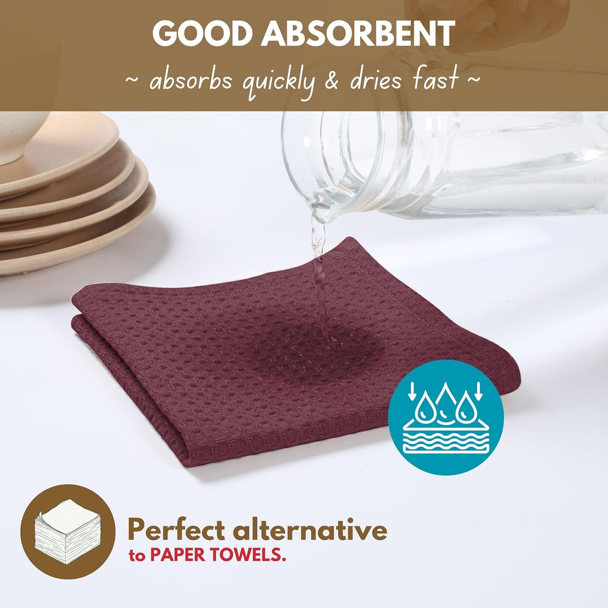 Native Fab Cotton Kitchen Towel with Hanging Loop 16x26 inches, 12-Pack, Waffle Weave Kitchen Towels for Cleaning Drying, Washcloths Soft & Absorbent Cloth Rags, Bar Towel, Dish Cloth, Burgundy Wine