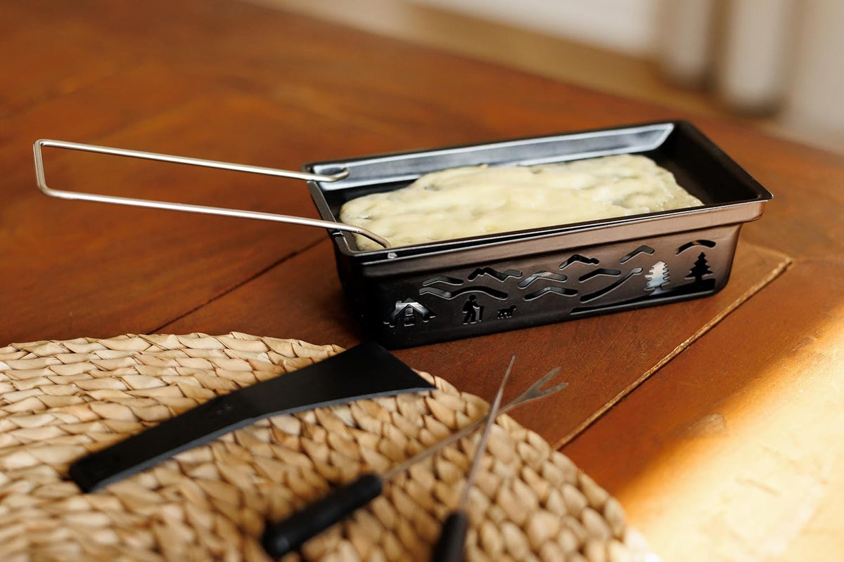 Swissmar Tandem Candle Fondue & Raclette Set - Portable 2-in-1 Tabletop Fondue Pot with Raclette Dish, Forks, Spatula & Tealight Candles