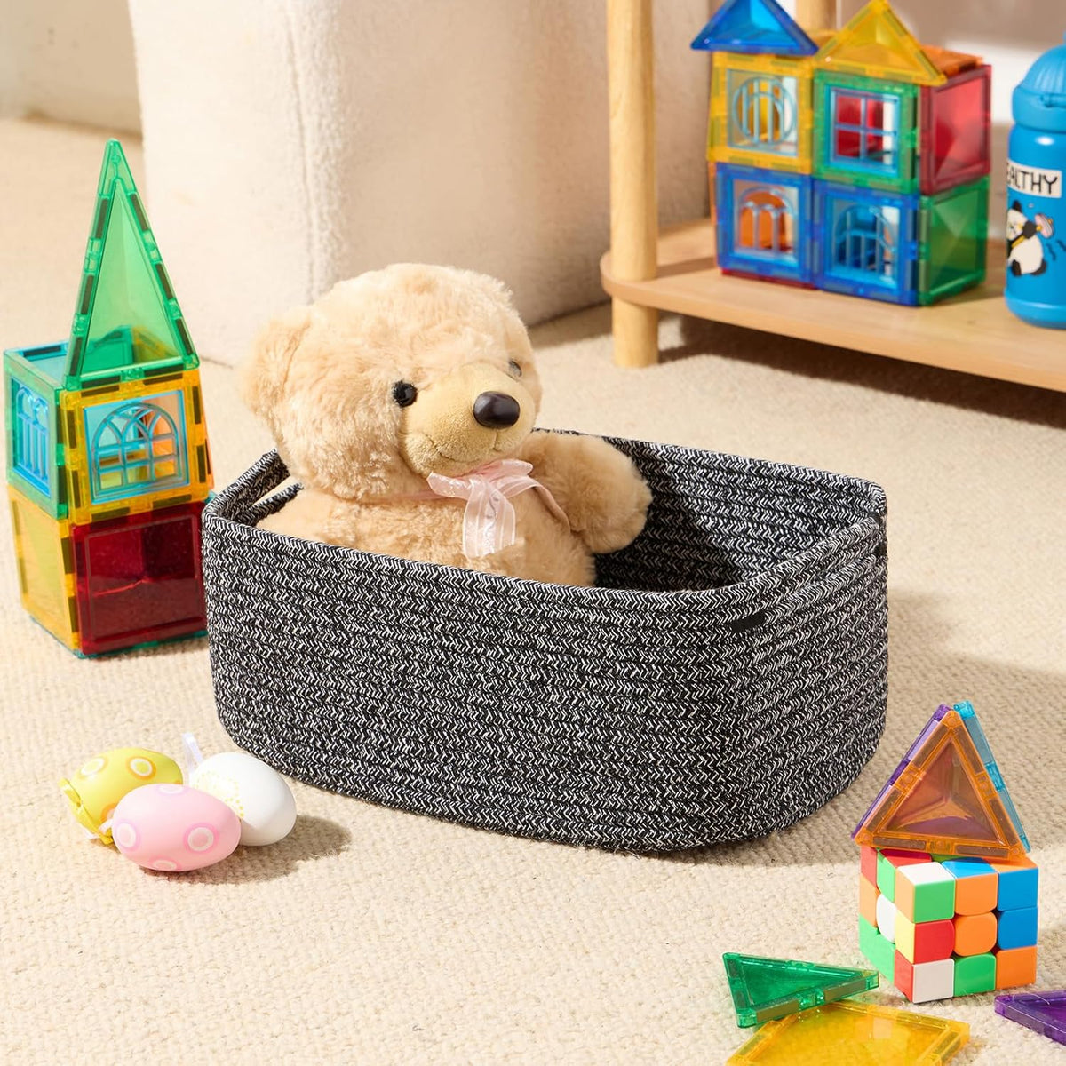 Small Storage Baskets for Organizing | Closet Organizer Bins | Shelf Toy Basket | Woven Rope Baskets | Cube Decorative Box | Shallow Basket | 13x8.5x5.1” | 3 Packs Dark Gray
