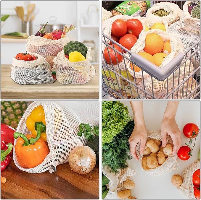 Reusable Produce Bags - Organic Cotton Mesh Bags with Drawstring for Onions, Vegetables & Fruit (12 Pack)