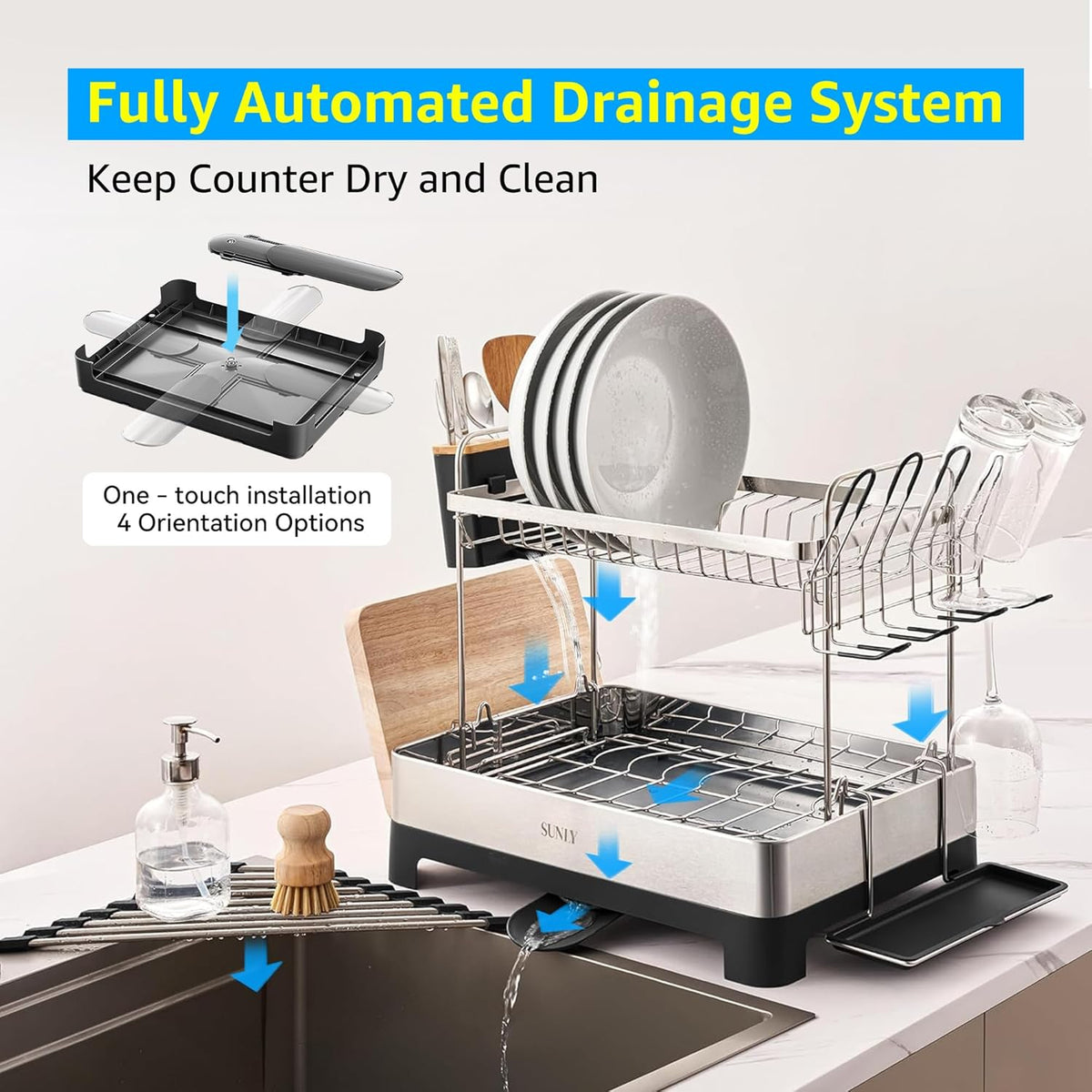 SUNLY 2 Tier Dish Drying Rack, Extra Large Dish Rack, Multifunctional Large Dish Drainers for Kitchen Counter, 304 Stainless Steel Kitchen Drying Rack, Bowl Drying Rack, Extendable Drain Spout, Black
