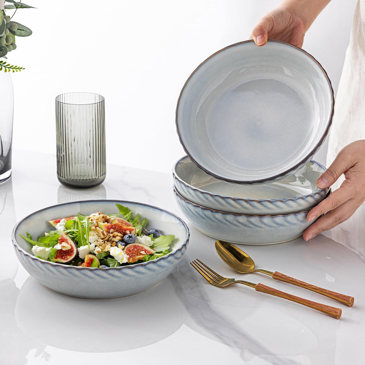 GBHOME 8.5'' Large Pasta Bowls, 38 Ounce Stoneware Salad Bowls for Kitchen, Ceramic Serving Bowls With Textured Pattern for Pasta,Fruit, Stews,Noodle, House-warming Gift,Set of 4