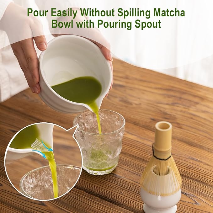 Matcha Whisk Set,Ceramic Matcha Set,with Ceramic Bowl,Bamboo Whisk&Holder,Scoop,Authentic Japanese Matcha,for Matcha Lovers,Gift for Family/Friend(Porcelain white)
