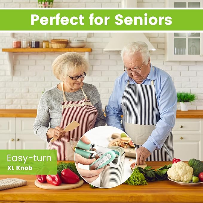 Spring Chef Stainless Steel Can Opener - Manual with Soft Grip Handles, Easy Turn, Heavy Duty Hand Can Opener for Seniors with Smooth Edge - Built-in Magnetic Lid Remover - Mint