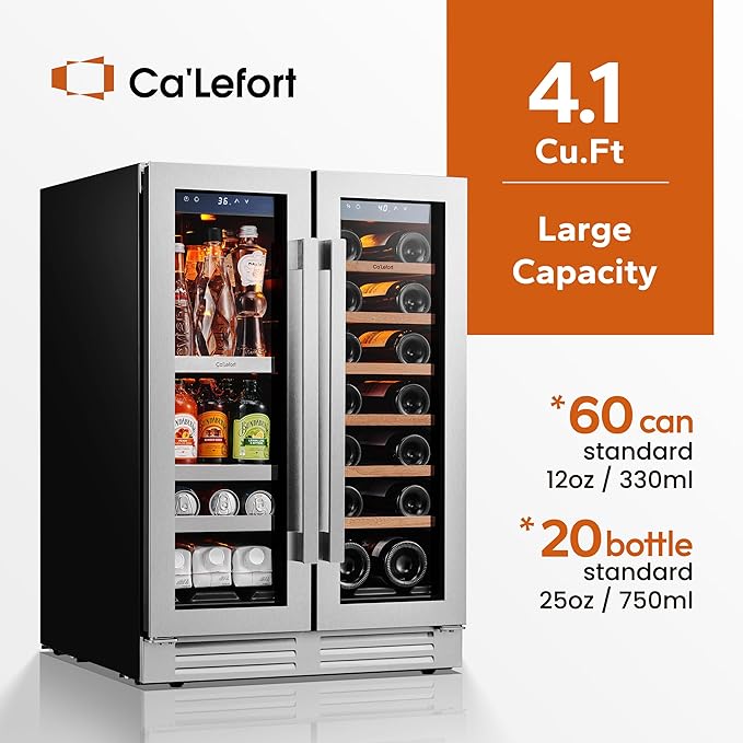 Ca'Lefort 24 Inch Wine and Beverage Refrigerator, 60 Can and 20 Bottle Wine Fridge 36-72°F, 3 LED Dual Zone Wine Cooler with Glass Door, Built-in Compressor Refrigerator for Home/Kitchen (4.10 cu.ft)