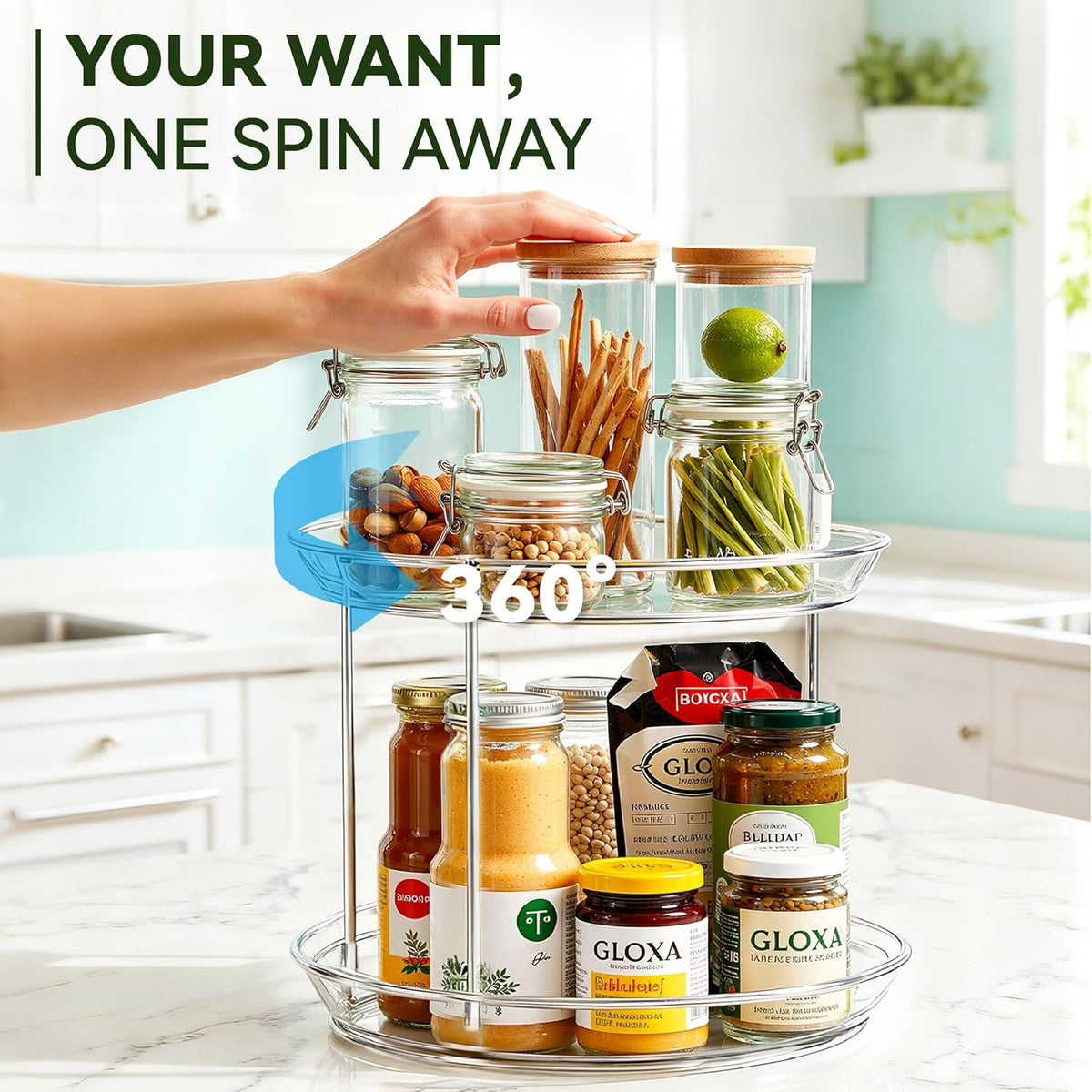 2 Tier Lazy Susan Turntable Organizer for Cabinet, 9.25'' Rotating Spice Rack Organization for Kitchen, Pantry, Bathroom, Vanity, Countertop, Medicine Storage, Seasoning Spice Organizer, 2 Pack