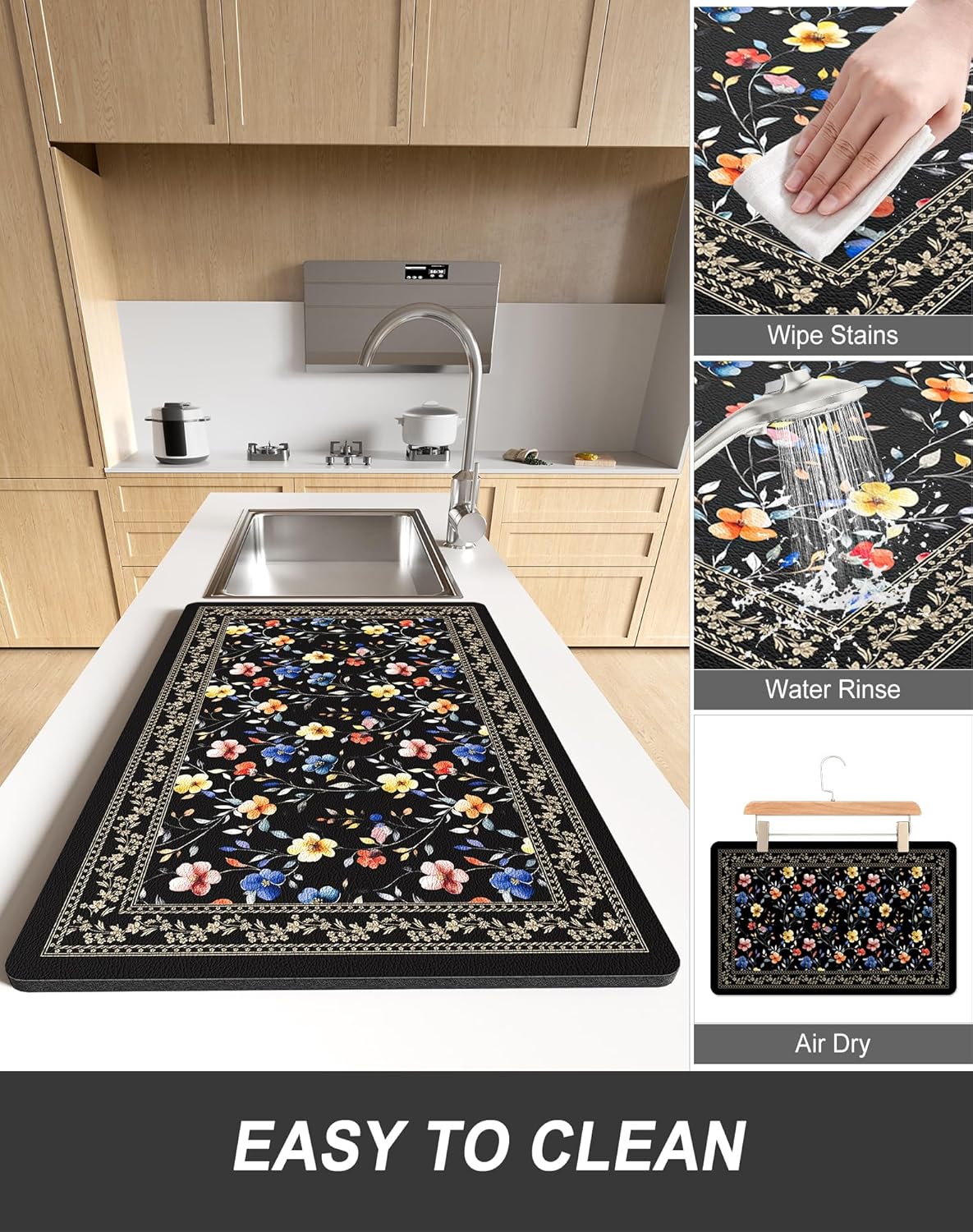 Rnivvi Dish Drying Mat for Kitchen Counter, XL 15 x 24" Cute Flower Theme Super Absorbent Drainer Pad, Non-Slip Heat Resistant Coffee Bar Mat for Coffee Machine Station Accessories,Retro Dish Rack Pad