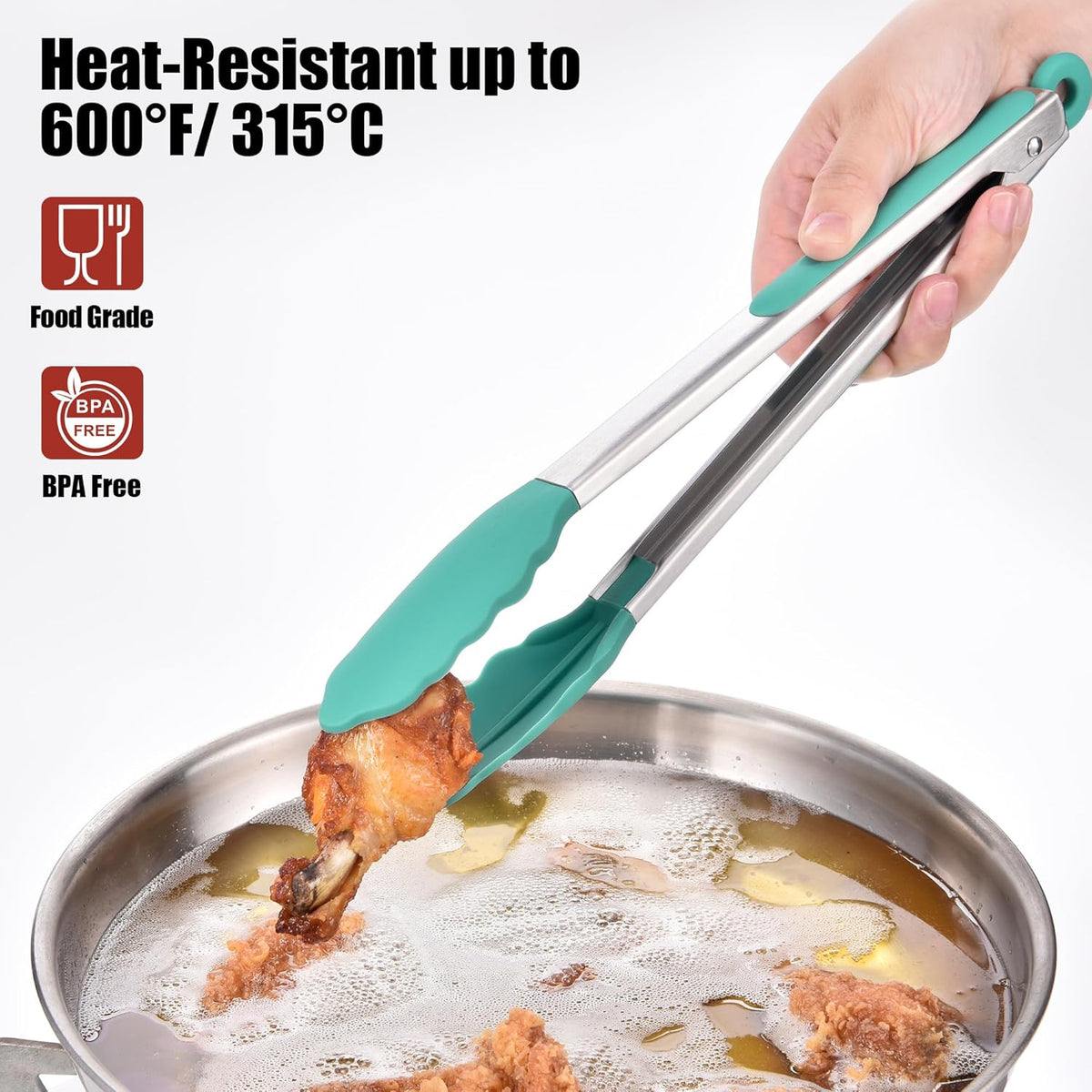 Doosu Kitchen Tongs for Cooking - 600°F Heat Resistant Food Tong with Non-Scratch Silicone Tips, Heavy Duty Stainless Steel Locking Tong for BBQ, Grilling Steak, Serving Salad, Pasta (12in, Aqua Sky)