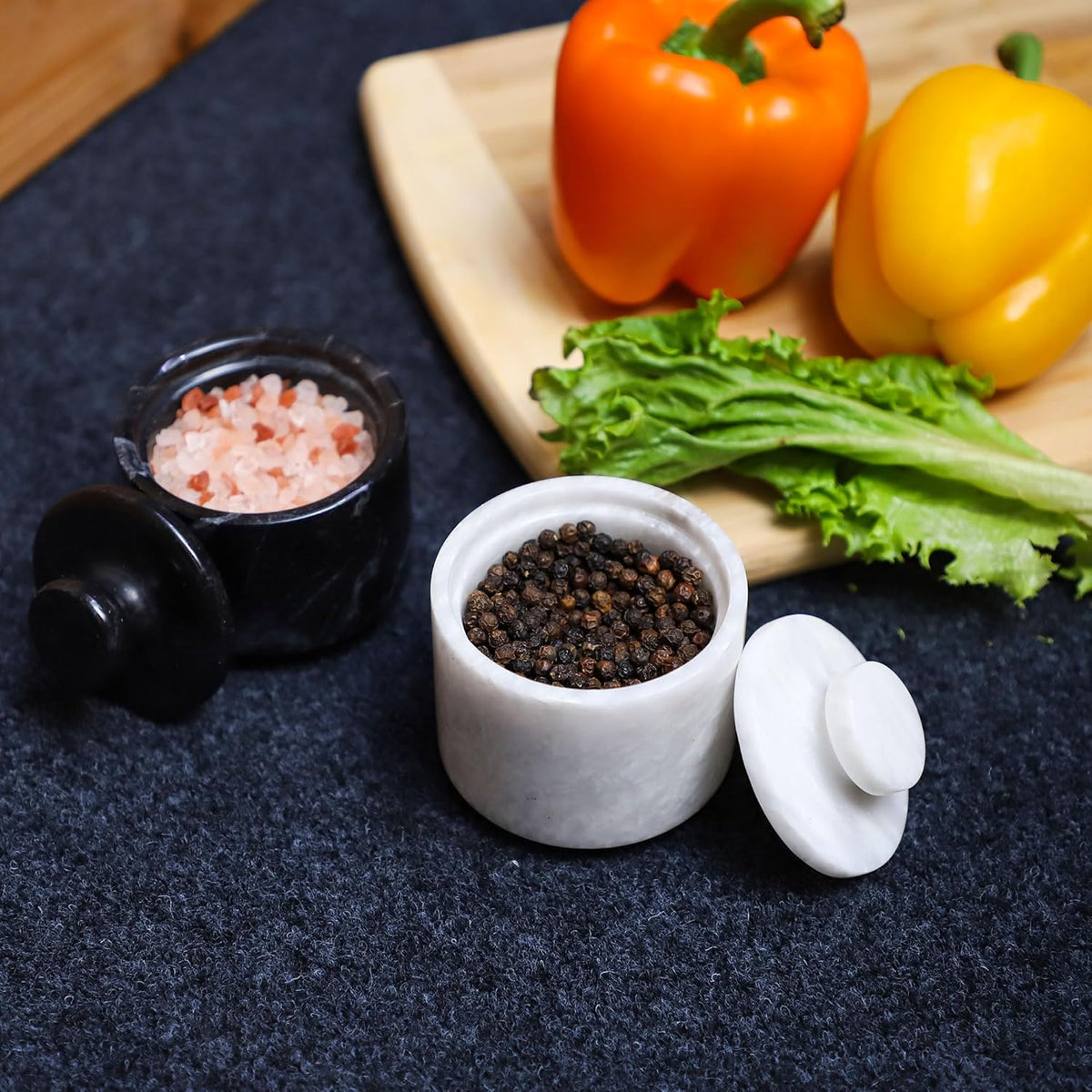 Marble Salt Cellar With Lid- Pack Of 2 Marble Salt And Pepper Bowls- Salt Holder With Lid To Put Salt, Paprika, Pepper, And Spice (White & Black, Style 01)