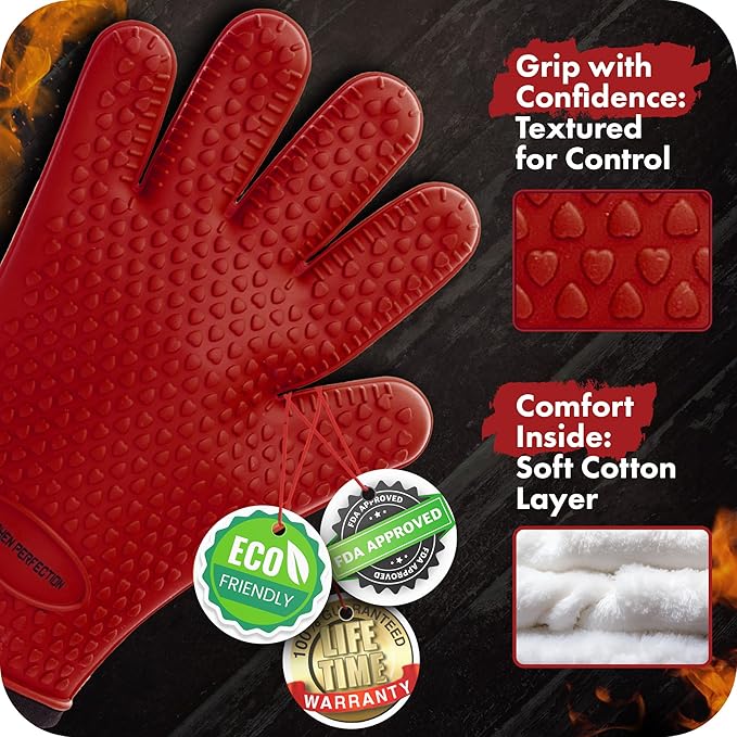 KITCHEN PERFECTION Silicone Smoker Oven Gloves -Extreme Heat Resistant BBQ Gloves -Handle Hot Food Right on Your Smoker Grill Fryer Pit|Waterproof Oven Mitts Grill Gloves |Superior Value Set+3 Bonuses