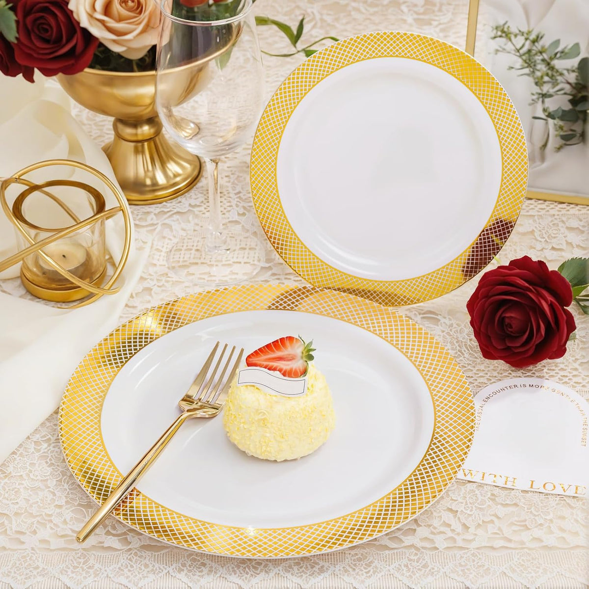 I00000 102 Pcs Gold Plastic Plates, Disposable Party Plates Include 51 Gold Dinner Plate 10.25’’ and 51 Disposable Dessert Plate 7.5’’ Perfect for Party & Wedding