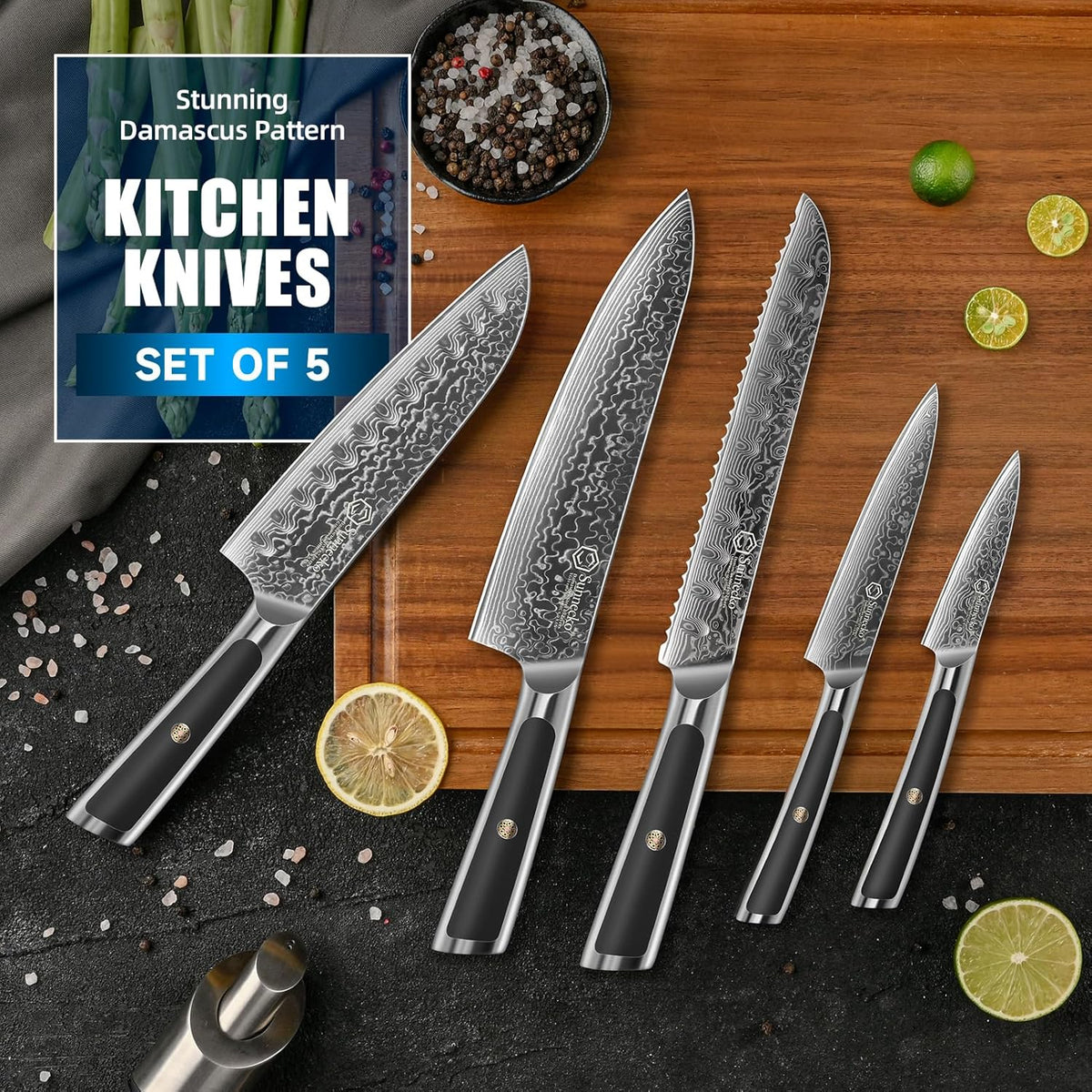 Sunnecko Damascus Kitchen Knife Set 5 Piece Chef Knife Set Professional, Sharp Kitchen Knives Set Full Tang, Gift Box
