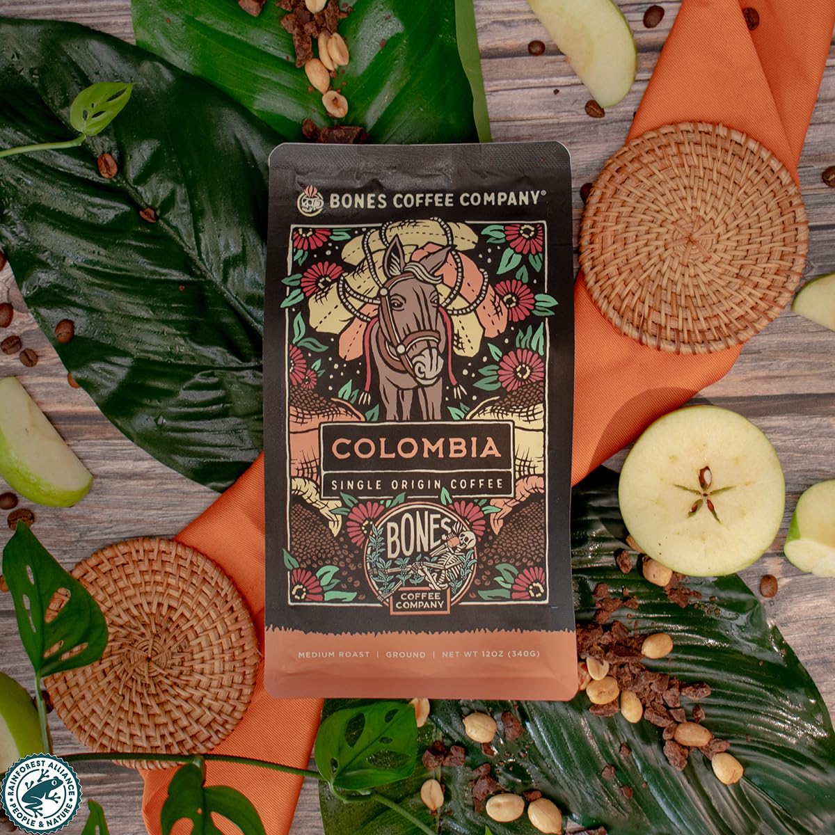 Bones Coffee Company Colombia Single-Origin Coffee, Almonds, Dried Fruit, Vanilla Notes, Flavored Whole Bean Coffee, Medium Roast Low Acid Arabica Beans, 12 oz Whole Bean