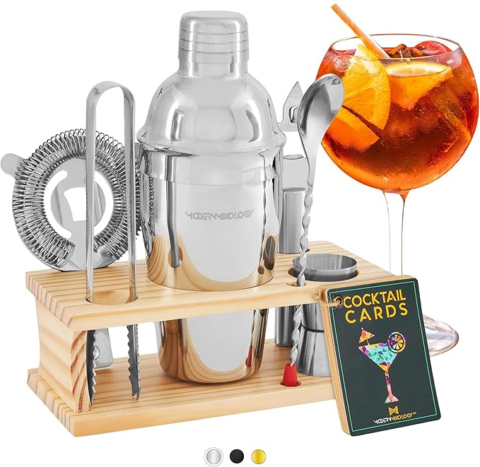 Modern Mixology Cocktail Shaker Set - Bartender Kit with Pine Stand | Leak-Proof Design | Includes Martini Shaker, Jigger, Strainer, Spoon, Tongs | Perfect Bar Tools Gift for Home Mixology (Silver)