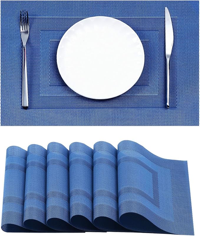 Leetaltree Blue Frame Placemats Set of 6 - Heat Resistant Non-Slip Place mats for Dining Table, Washable Durable PVC Vinyl Woven Table Mats（Blue Frame, 6）