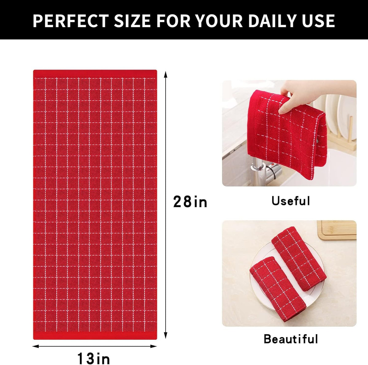 Homaxy 100% Cotton Terry Kitchen Towels(Red, 13 x 28 inches), Checkered Designed, Soft and Super Absorbent Dish Towels, 8 Pack