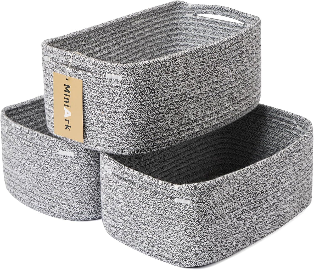 Small Storage Baskets for Organizing | Closet Organizer Bins | Shelf Toy Basket | Woven Rope Baskets | Cube Decorative Box | Shallow Basket | 13x8.5x5.1” | 3 Packs Mixed Grey
