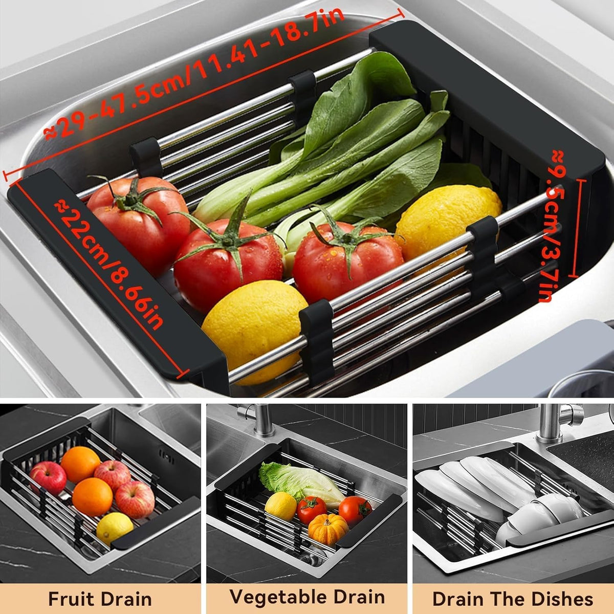 Cyrank Over The Sink Dish Drying Rack, Expandable Over Sink Grill Telescopic Drain Basket Kitchen Rack Drain Basket Sink Drying Rack(L#Black)