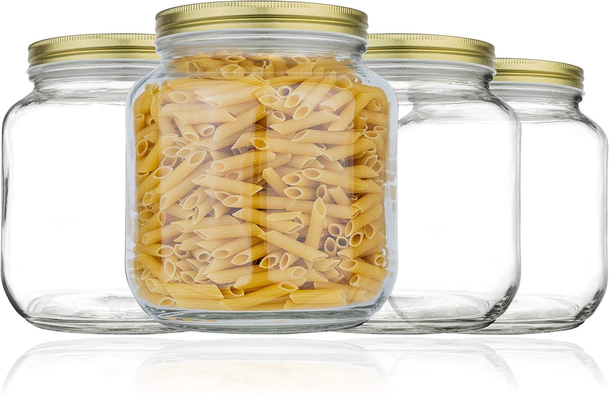 kitchentoolz Half Gallon Mason Jar Wide Mouth with Airtight Metal Lid - Safe for Fermenting Kombucha Kefir - Curing Pickling, Storing and Canning - BPA-Free Dishwasher Safe (Gold Lid, 4)