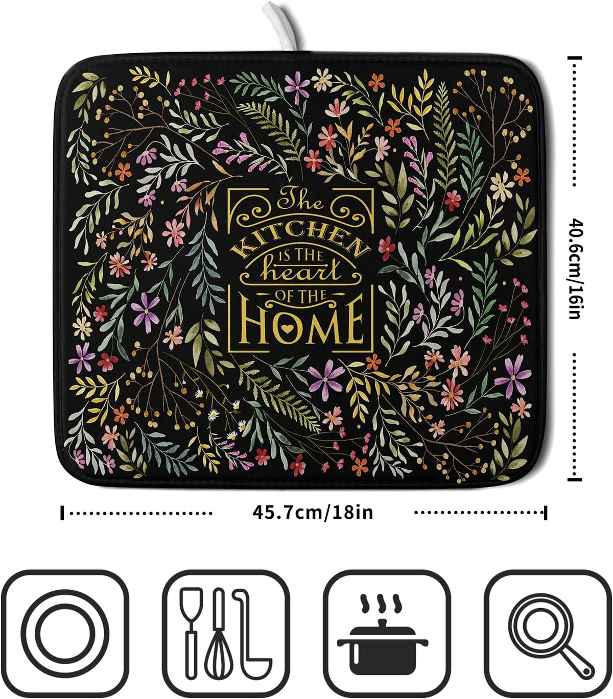 Absorbent Dish Drying Mat Colorful Flowers Microfiber Pad for Kitchen Counter Coffee Bar Decor 16" X 18"