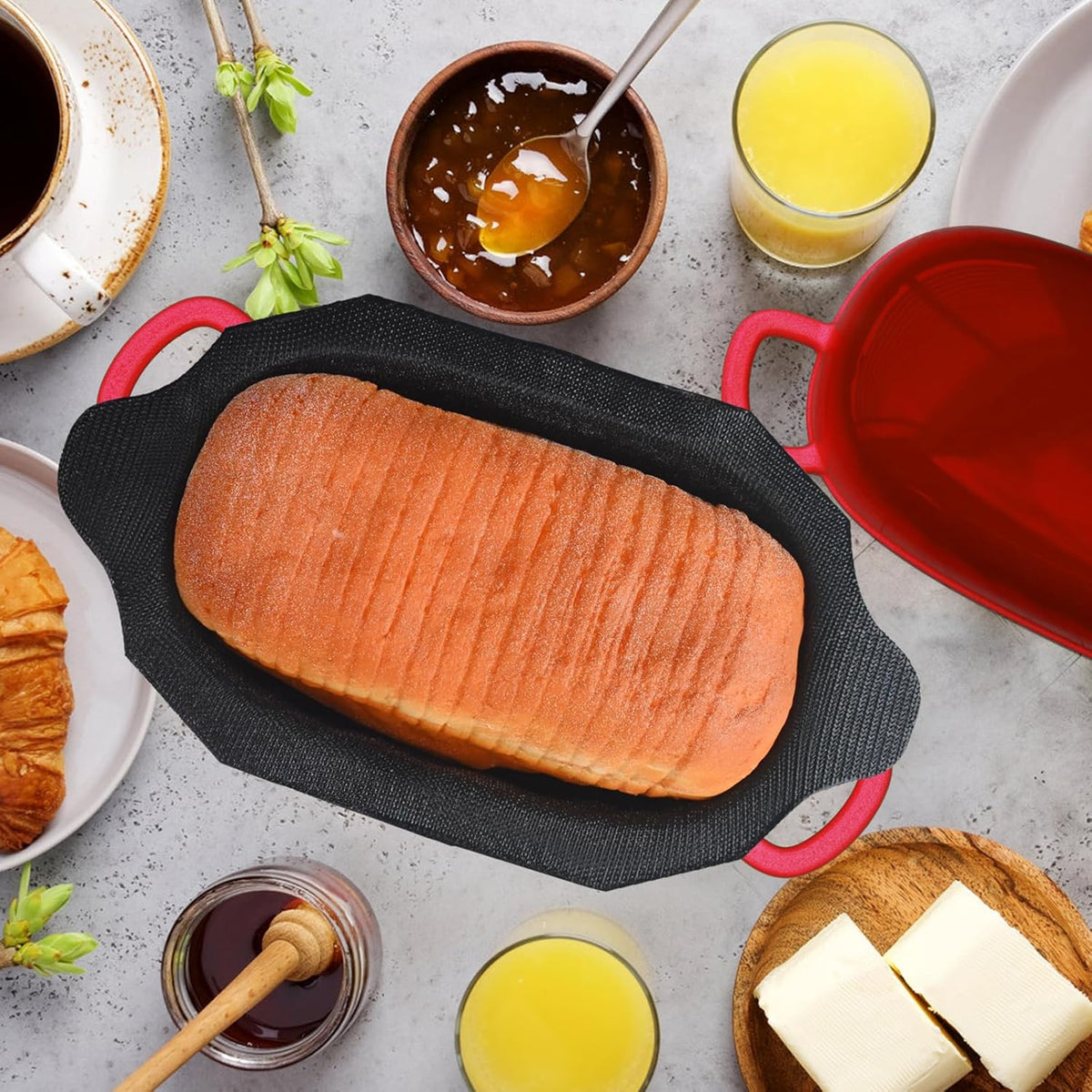 Dutch Oven for Bread Baking - 2.5QT Bread Pans for Homemade Bread with Perforated Non-Stick Silicone Liner Cast Iron Bread Pan Dutch Oven Loaf Pan with Lid and Loop Handle for Homemade Breadmaking,Red