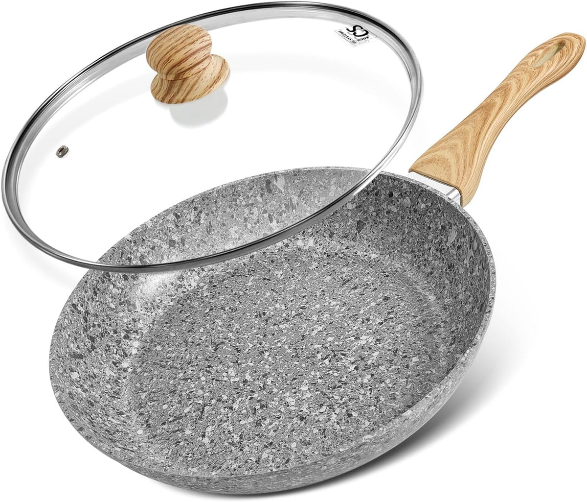 KOCH SYSTEME CS Nonstick Frying Pan with Lid, 12 Inch Grey Granite Frying Pan with Non-toxic Nonstick Coating, Aluminum Skillet with Heat-resistant Bakelite Handle, Induction Compatible, Oven Safe