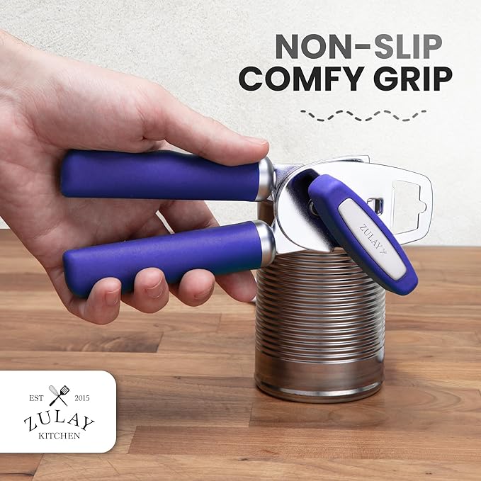 Zulay Kitchen Heavy Duty Stainless Steel Can Opener Manual with Bottle Opener - Rust Proof Manual Can Opener With Turn Knob & Comfy Soft Grip Handles - Purple