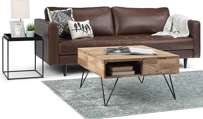 SIMPLIHOME Hunter Lift Top Coffee Table - 32 inch Wide Solid Mango Wood and Metal Industrial Square Cocktail Table in Natural, Living Room Table with Dual Lift Tops, Hidden Storage and Hairpin Legs