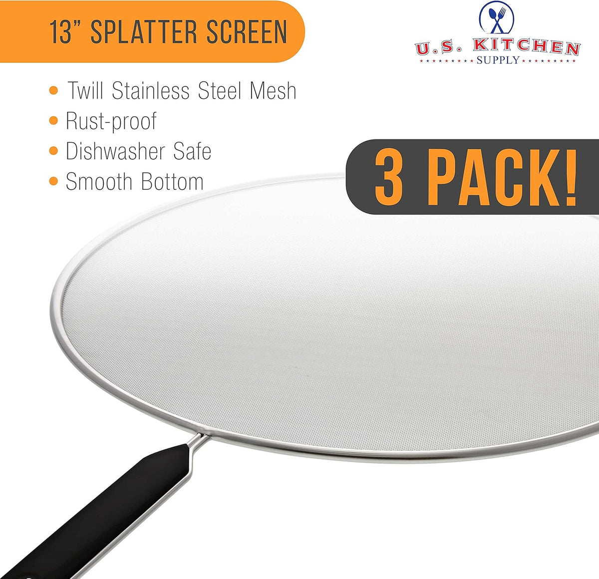 U.S. Kitchen Supply 3-Piece Stainless Steel Splatter Guard Set 13" Fine Mesh Cover, Grease & Oil, Splatter Screen for Frying Pan, Cooking Pots, with Comfort Grip Handles