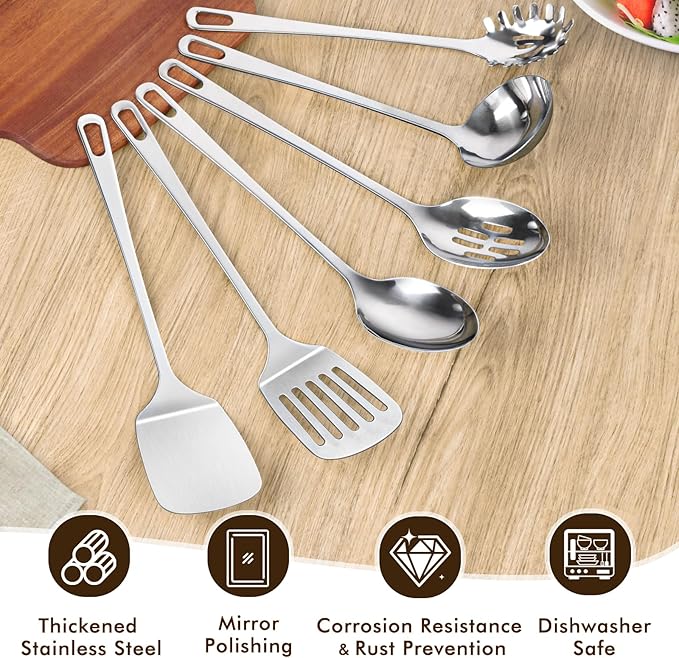 6 Pcs Cooking Utensils Set, Stainless Steel Kitchen Utensils, Heat Resistant Metal Kitchen Tools Include Solid & Slotted Turner Wok Spatula, Serving Spoon, Ladle, Pasta Server, Easy to Clean, Silver