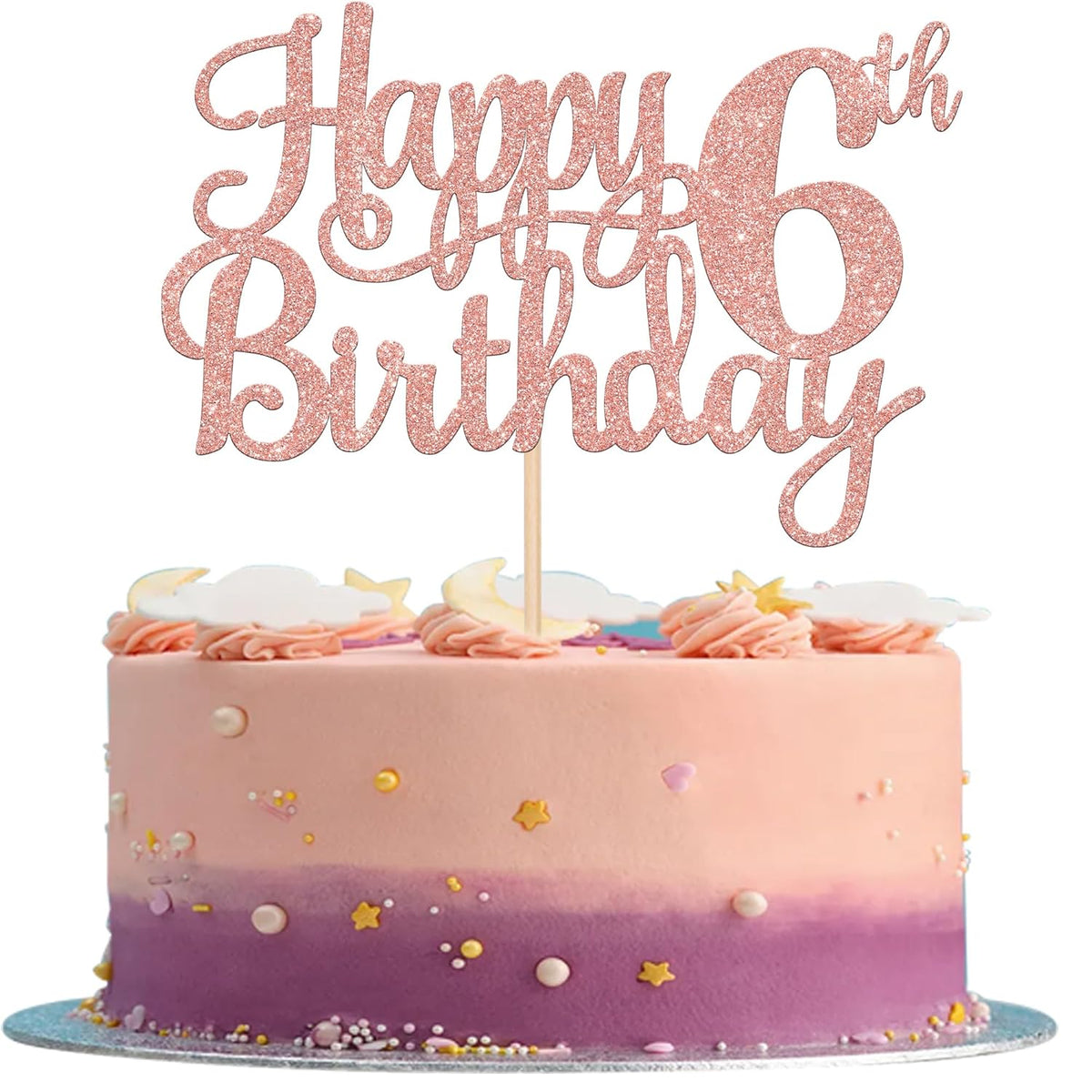 1 PCS Happy 6th Birthday Cake Topper - Glitter Cheers to 6 Years - Fabulous Cake Decoration for 6th Birthday Theme Party - Rose Gold