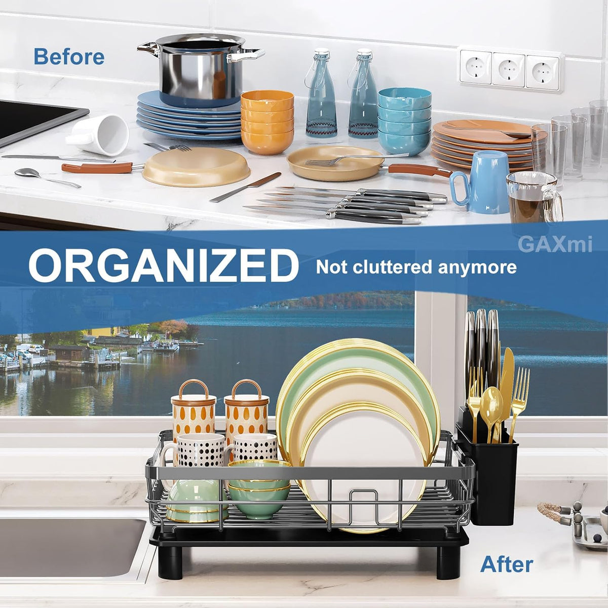 GAXmi Dish Drying Rack Over The Sink Drainer with Drainboard Utensil Holder, 1-Tier Black