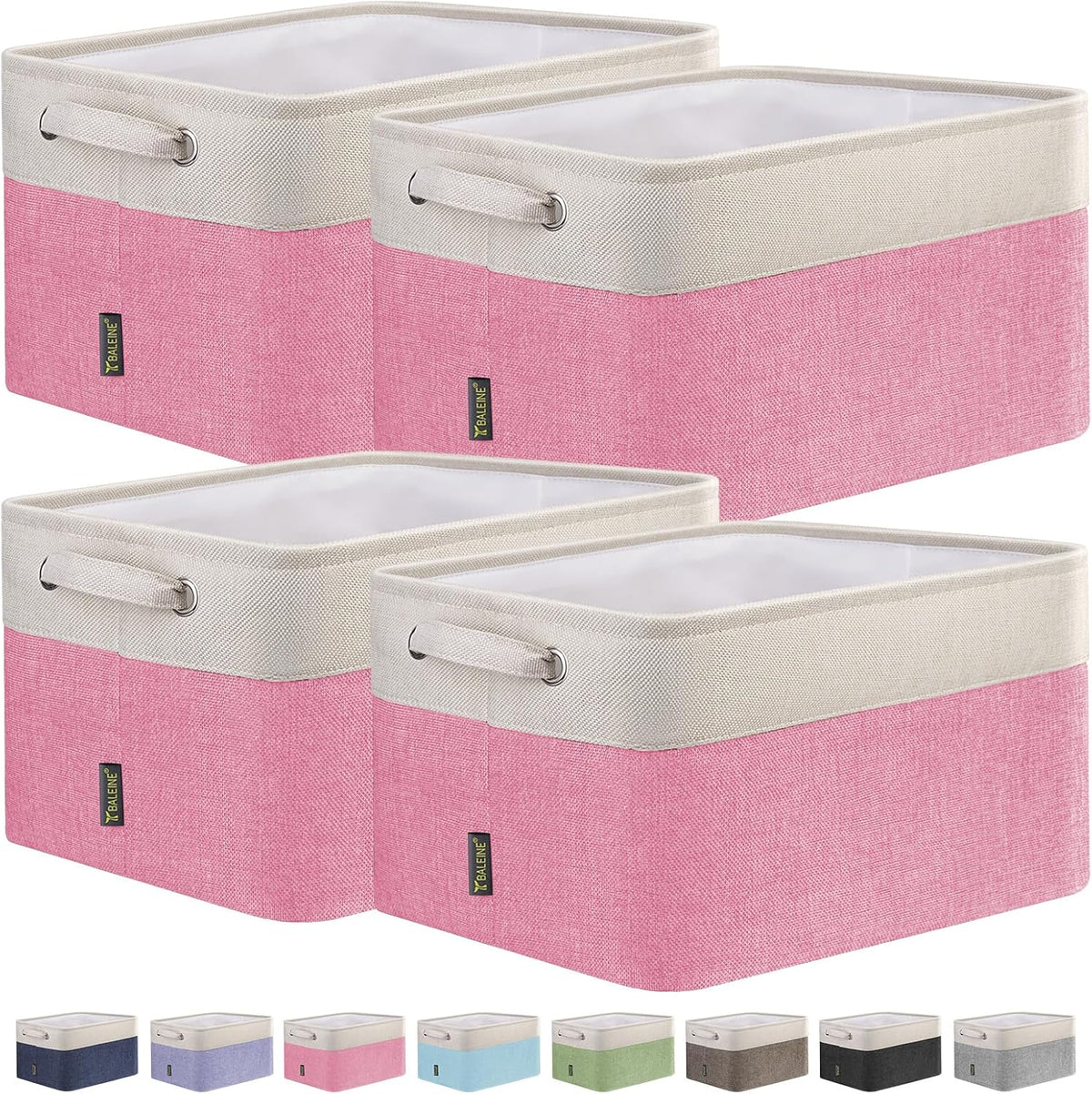 BALEINE 4 Pack Fabric Storage Bins for Shelves, Linen Storage Baskets for Organizing, Decorative Closet Bins for Clothes, Home (Pink, 12"x8"x8")