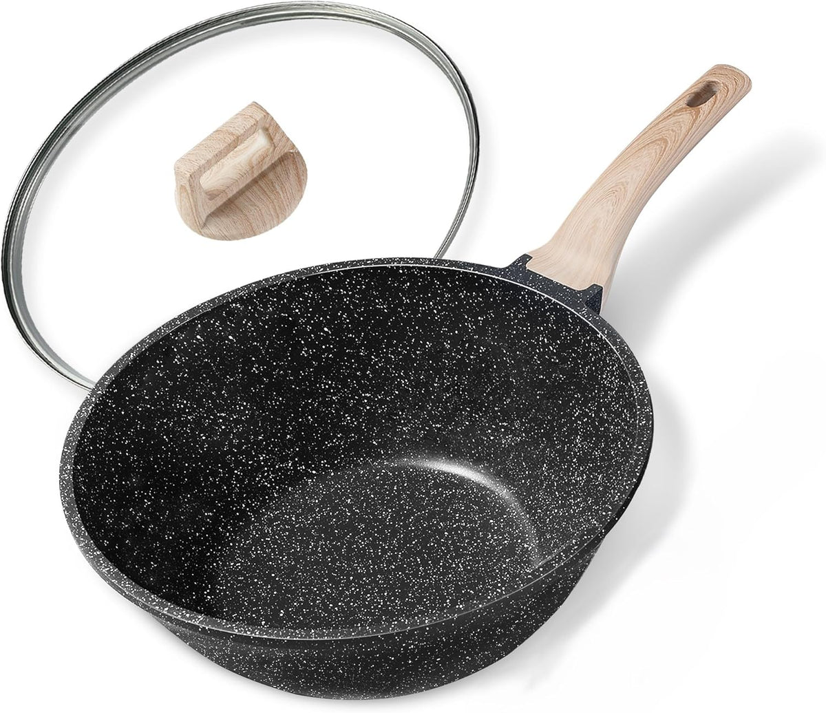 CAROTE Non Stick Wok with Lid 12''/5.3QT Woks & Stir-fry Pans Nonstick Granite Wok Pan Induction Cookware Deep Frying Pan, Compatible with All Stovetops