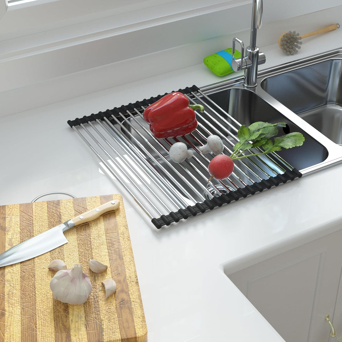 Expandable Large Draining Rack, Roll Up Heat-Resistant Dish Drainer for Stainless Steel Sinks, Collapsible Over The Sink Rack Non-Slip Silicone Rolling Up Rack 18 Tube