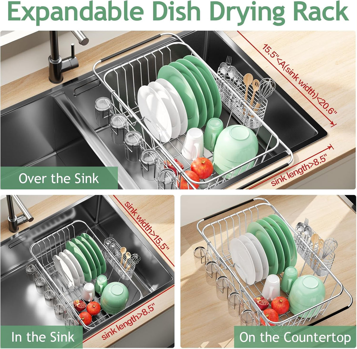 Small Dish Drying Rack in Sink, Extendable Stainless Steel Dish Drainers for Kitchen Counter, Anti-Rust Dish Dryer Rack with Utensil & Cup Holders, for Inside Sink, Over The Sink(for 1-2 People)