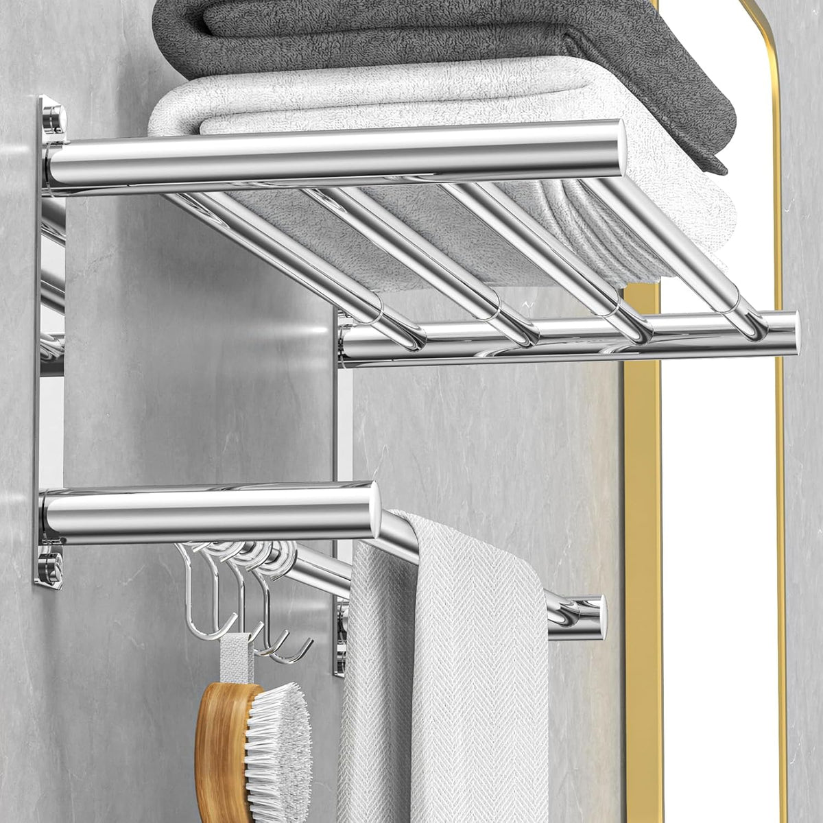 Adjustable Towel Bar for Bathroom Wall Mount17-30.7inch Adhesive Shower Towel Rack Stainless Steel Bath Towel Holders for Toilet Kitchen Double Towel Hanger (Mobile Hook Towel Rack)